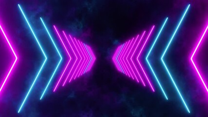 Wall Mural - abstract neon lights arrows space with nebula animation, blue pink light flicker technology and game social media motion background
