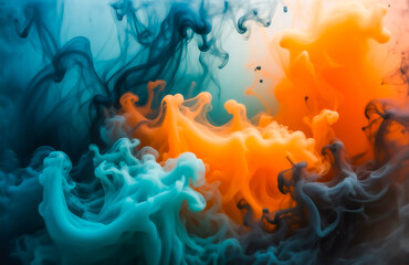 Poster - Abstract underwater scene with vibrant teal and orange ink swirling and mixing, creating dynamic, colorful patterns.  The contrast between the colors is striking.