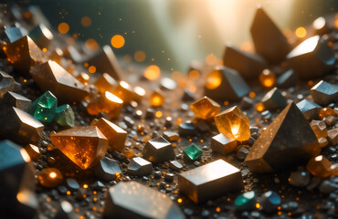 Aufkleber - Luminous crystals and metallic fragments glisten, scattered across a dark, textured surface.  Warm light illuminates the scene, creating a magical, otherworldly feel.