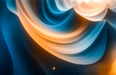 Poster - Abstract swirling forms in deep blues, oranges, and whites create a dynamic, flowing composition.  The interplay of light and shadow enhances the three-dimensional effect.