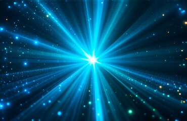 Fototapete - A vibrant, blue light bursts from the center, radiating outwards like a star.  Tiny sparkles dance in the dark, creating a mesmerizing cosmic effect.