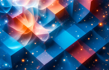 Poster - Abstract artwork featuring vibrant, glowing nebulae within a geometric, grid-like structure.  The image evokes feelings of cosmic wonder and energy.
