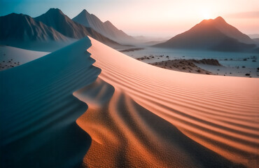 Aufkleber - Sunset casts long shadows across sculpted sand dunes, creating a dramatic, colorful landscape against a backdrop of distant mountains.