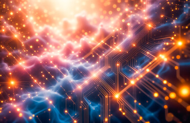 Aufkleber - Abstract digital art depicting a vibrant, glowing circuit board intertwined with nebulous clouds of light.  The image evokes a sense of cosmic technology and interconnectedness.