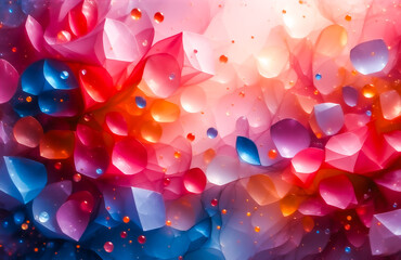 Poster - Vibrant, abstract artwork featuring luminous, geometric shapes in shades of red, pink, orange, and blue.  Floating orbs add depth to the colorful, crystalline formations.