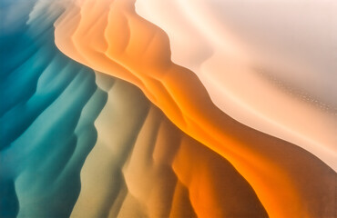 Aufkleber - Abstract aerial view of vibrant, swirling sand dunes in a desert landscape.  The colors shift from teal to orange, creating a mesmerizing pattern of texture and light.