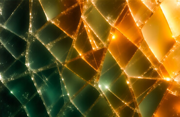 Leinwandbilder - Abstract image of shattered glass, showcasing a vibrant blend of teal and amber hues.  The fragmented pieces create a mosaic-like effect, with light reflecting off the sharp edges.