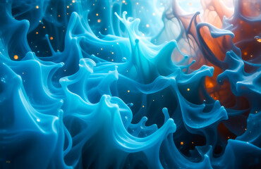 Poster - Abstract underwater scene. Vivid blue and orange swirling ink creates dynamic, organic shapes. Shimmering particles add depth.  Fluorescent, vibrant, and mesmerizing.