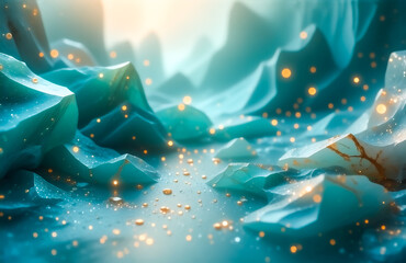 Aufkleber - Enchanted teal mountainscape, glowing with golden particles.  A mystical, ethereal scene of light and shadow.  Dreamlike and serene.