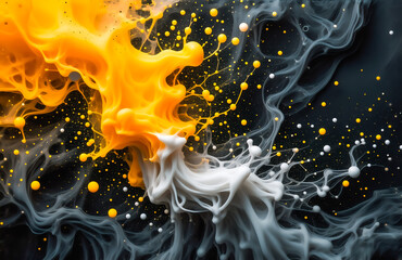 Aufkleber - Abstract image of vibrant yellow and white paint swirling in black water, creating a dynamic, contrasting visual effect with splatters and dots.