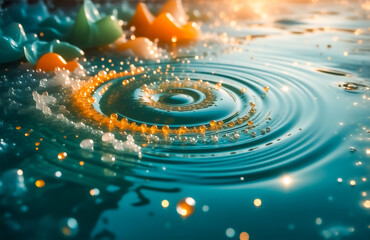 Poster - Serene teal water displays concentric ripples from a central point, adorned with small, golden beads and surrounded by pastel-colored, wax-like forms.  The scene is illuminated with a warm, golden lig