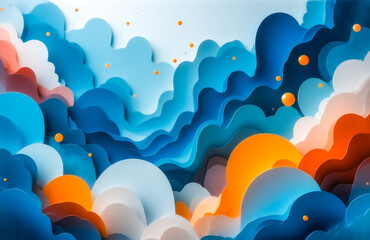 Poster - Abstract layered paper art depicting a vibrant, dreamy landscape of swirling clouds in shades of blue, orange, and white, interspersed with small, floating spheres.
