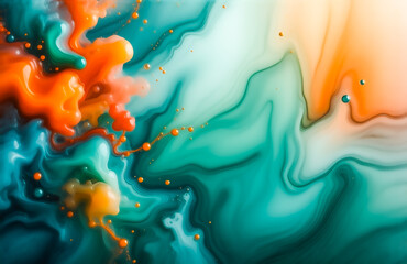 Aufkleber - Abstract swirls of teal, orange, and cream paint blend and mix, creating a vibrant, fluid design with dynamic movement and texture.  Tiny paint droplets are scattered throughout.