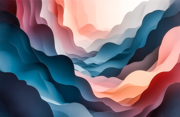 Leinwandbilder - Abstract landscape of undulating, layered forms.  Soft, pastel and deep colors create a dreamlike, three-dimensional effect.  The composition evokes depth and a sense of movement.