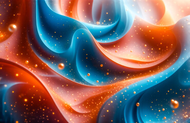Aufkleber - Swirling, translucent blue and orange abstract forms intermingle, speckled with golden spheres.  The image evokes a sense of fluidity and ethereal beauty.
