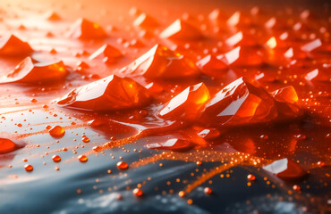 Poster - Close-up of vibrant red, translucent crystals scattered on a dark, glossy surface, illuminated by a warm, orange light, creating a dramatic, almost ethereal effect.  Water droplets add to the texture.