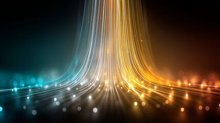 Wall Mural - Abstract digital artwork showcasing flowing lines and bokeh lights in cool blues and warm oranges, representing data or energy.