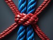 © Imagine  - Close-up of tightly tied red and blue ropes in a knot, symbolizing unity, strength, connection, and teamwork, with dramatic lighting enhancing the texture and contrast
