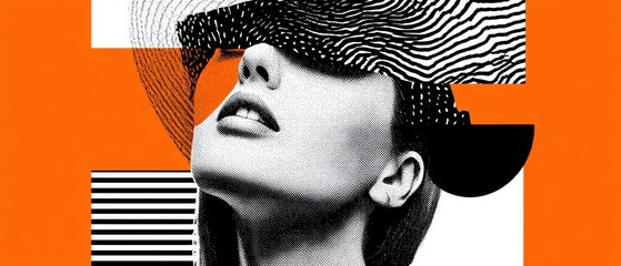 Wall Mural - abstract halftone portrait of a young caucasian woman with geometric shapes in black, white, and ora