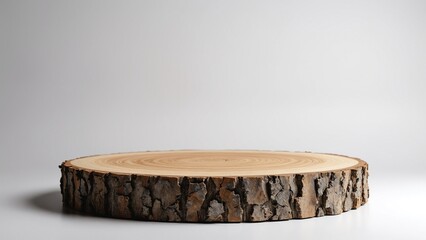 Wall Mural - Wooden tree circle stump platform podium on white background. Minimal empty display product presentation scene