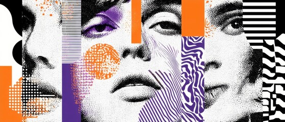 Sticker - abstract halftone portrait of a woman with geometric shapes in orange, purple, and black and white, 
