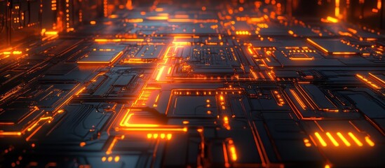 Wall Mural - futuristic circuit board, glowing orange, technology background, sci-fi design