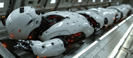 Wall Mural - robots on assembly line in futuristic factory