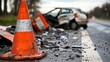 © Gulnaz - A car accident scene with a cone on the road