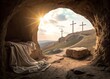 © klince - ethereal golgotha scene radiant holy cross dramatic suggests the moment of resurrection—triumph over death and the dawn of new hope. Text highlight 'Holly Saturday'