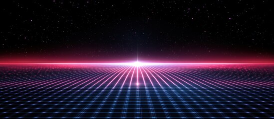 Wall Mural - retro grid horizon, synthwave night sky, digital landscape, futuristic background