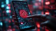 © GRACE - Futuristic finger touching digital lock icon on smartphone screen in red cyber security interface