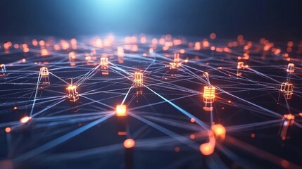 Illuminated network of interconnected nodes and lines in a dark blue abstract background design