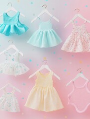 Poster - Delicate baby clothing hangers display tiny dresses and shirts against a vibrant soft background in a dreamy setup perfect for a nursery