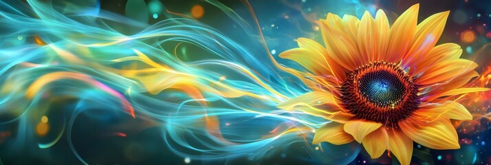 Wall Mural - sunlit dreamscape a vibrant sunflower in abstract cosmic flow