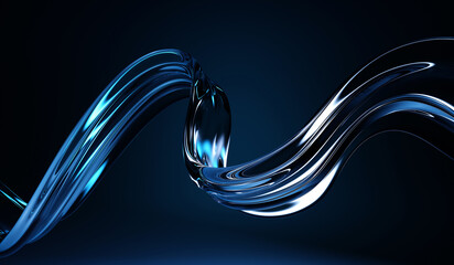 Wall Mural - 3d abstract liquid glass transparent ribbon wave line on dark blue background. render gradient water
