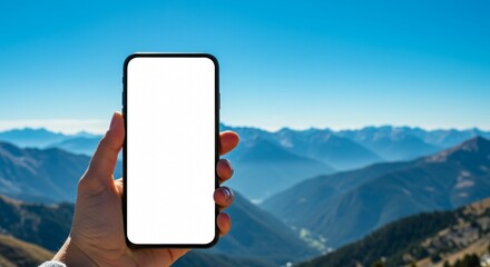 Hand holding phone mockup blank white screen mountains background mobile app website template outdoor