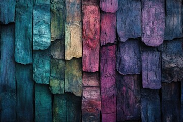 Aufkleber - A vibrant wall of multicolored, textured wooden shingles creates a striking visual pattern.