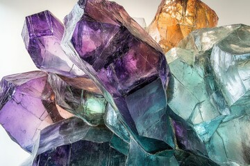 Aufkleber - A mesmerizing cluster of amethyst, fluorite, and quartz crystals showcasing vibrant purple, green, and amber hues.