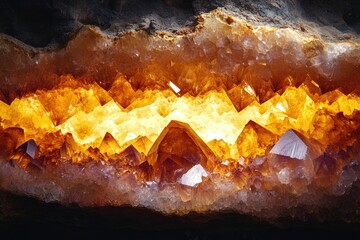 Poster - A mesmerizing geode reveals a vibrant array of golden crystals, a stunning spectacle of nature's artistry.