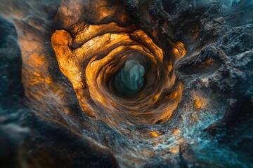 Aufkleber - A mesmerizing spiral rock formation, glowing orange within a dark, textured cave.