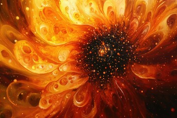 Aufkleber - Abstract fiery flower painting, swirling orange and brown hues create a cosmic, sunflower-like effect.