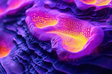 Aufkleber - Abstract 3D render of vibrant purple and yellow textured landscape, resembling alien terrain or microscopic structures.