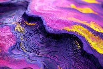 Leinwandbilder - Abstract 3D landscape with purple, pink, and gold textured layers creating a wavy, mountainous terrain.