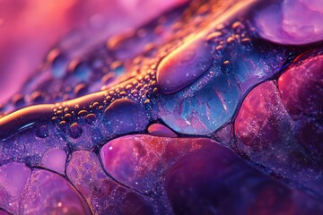 Fototapete - Abstract close-up of vibrant purple and pink liquid with glistening bubbles and textures.