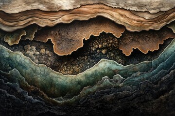 Poster - A mesmerizing abstract painting depicting a cross-section of earth, revealing intricate layers of textures and colors.