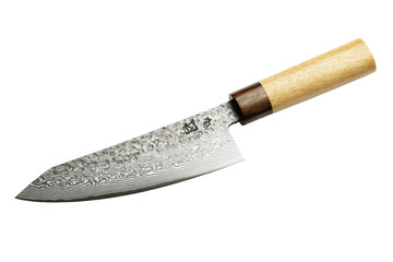 Isolated Damascus Steel Kitchen Knife with Wooden Handle
