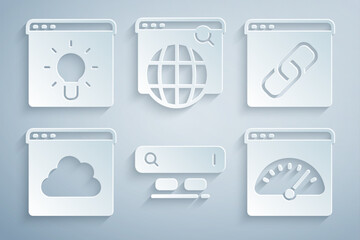 Wall Mural - set search engine, browser window, cloud technology data transfer, digital speed meter, and icon. ve