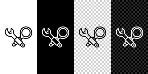 Wall Mural - set line debugging icon isolated on black and white, transparent background. debugging tool. magnify