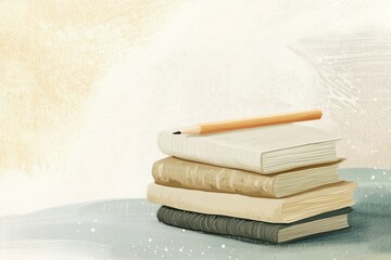 Fototapete - A stack of books with a pencil on top, suggesting reading, learning, or writing.