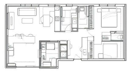 Naklejka na meble Architectural blueprint-style floor plan with clean linework showing living room sofa, dining table, kitchen cabinetry, monochrome technical illustration on grid paper